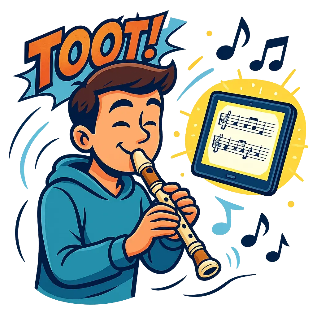 Chico tocando la flauta dulce con una tablet mostrando una partitura