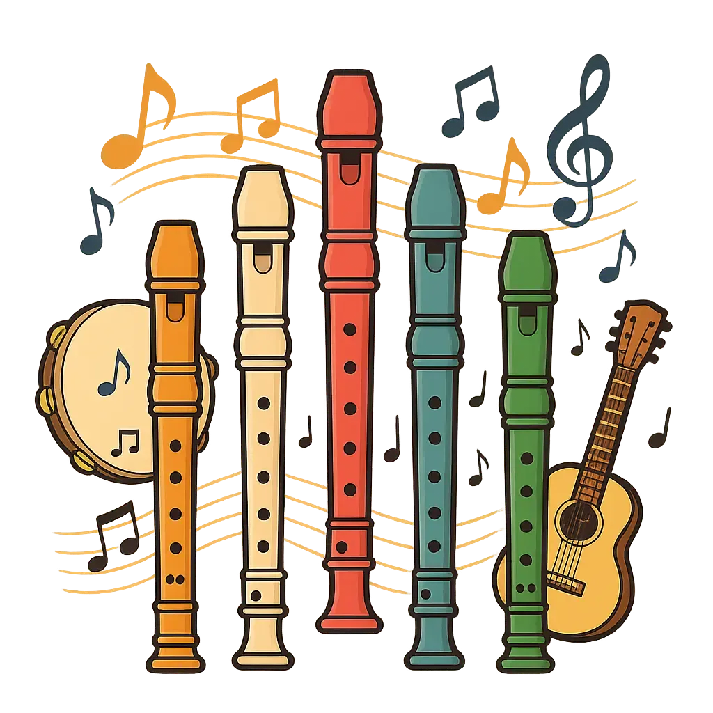 Flautas dulces, pandereta y guitarra con notas musicales