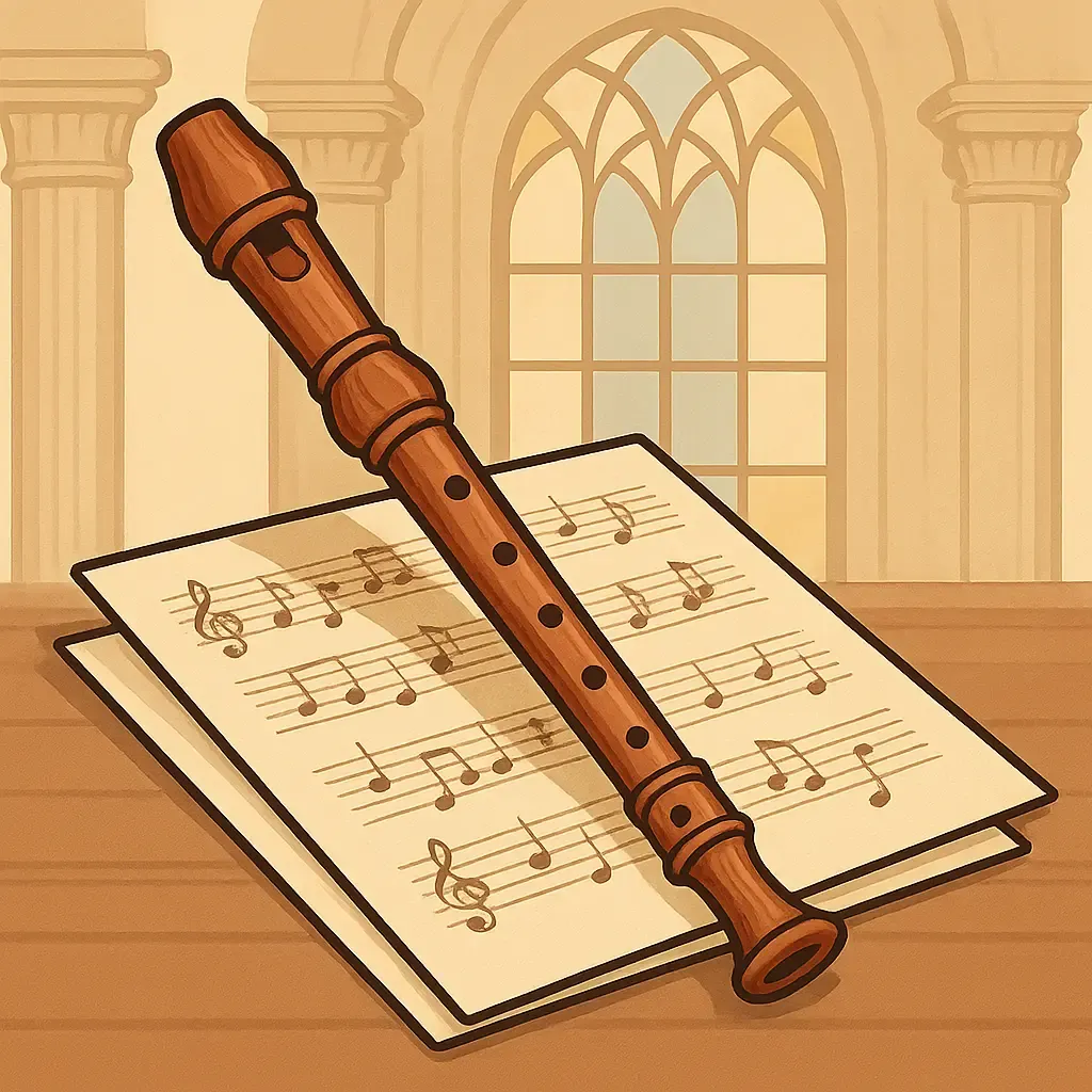 Flauta dulce de madera sobre una partitura en un salón clásico
